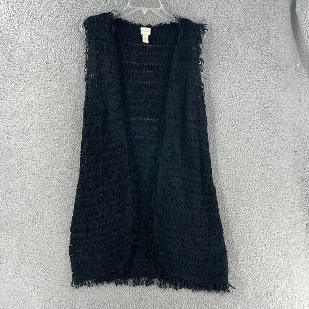 Chicos Womens Cardigan Sweater Open Cable Knit Sleeveless Sz 4 /S Black Coastal